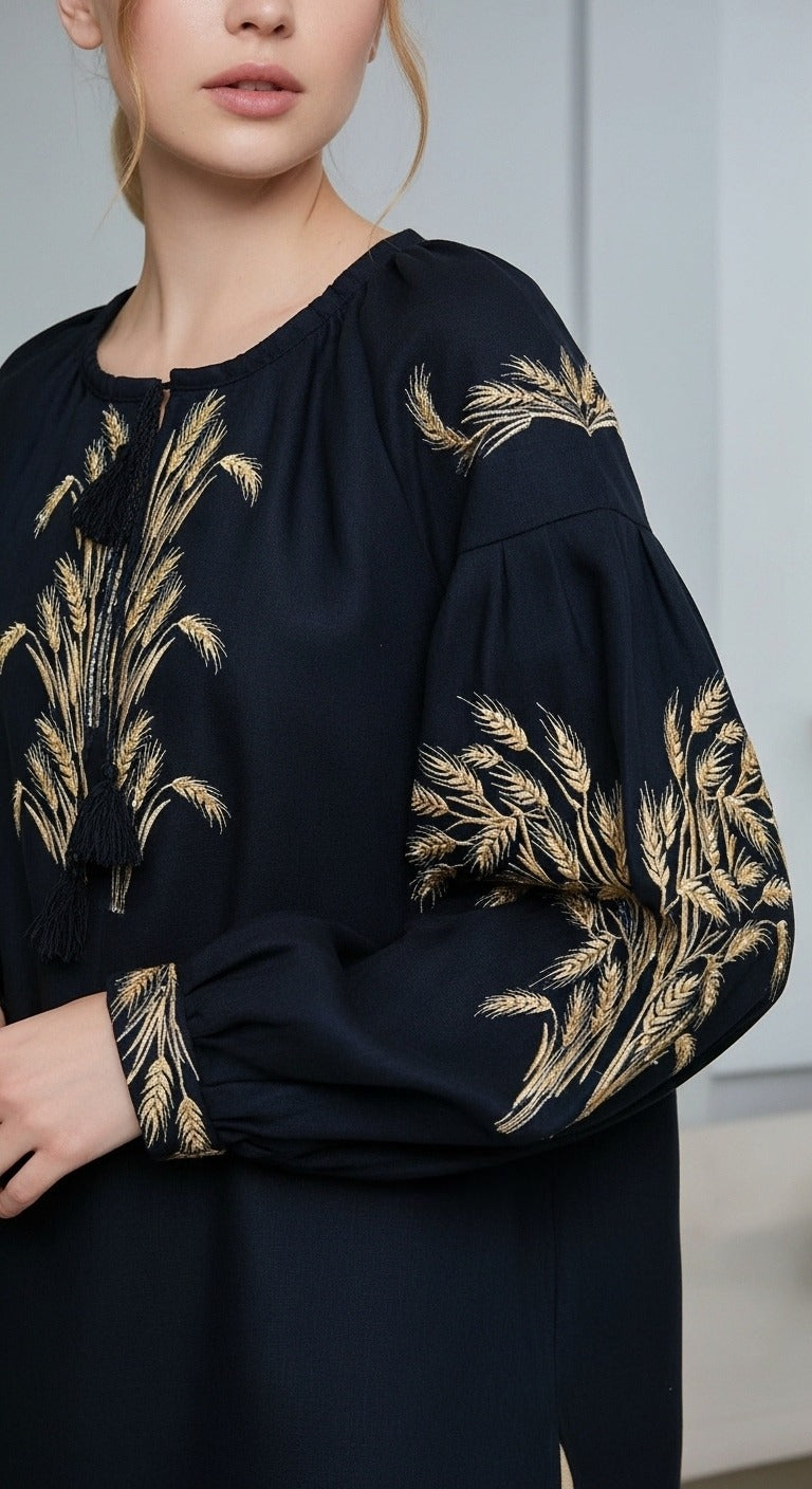 women's linen vyshyvanka with golden wheat pattern