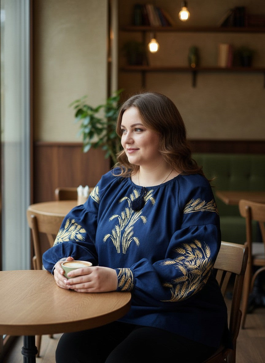 women's linen vyshyvanka with golden wheat pattern