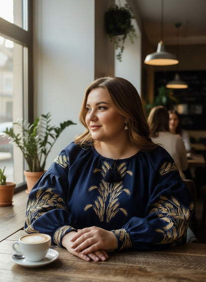 Women's Linen Vyshyvanka with Golden Wheat Pattern