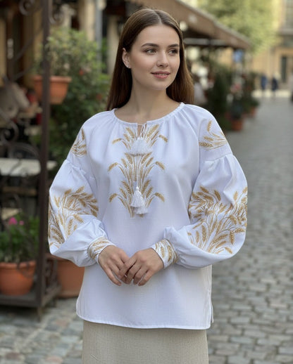 Women's Linen Vyshyvanka with Golden Wheat Pattern