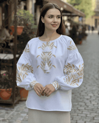 Women's Linen Vyshyvanka with Golden Wheat Pattern