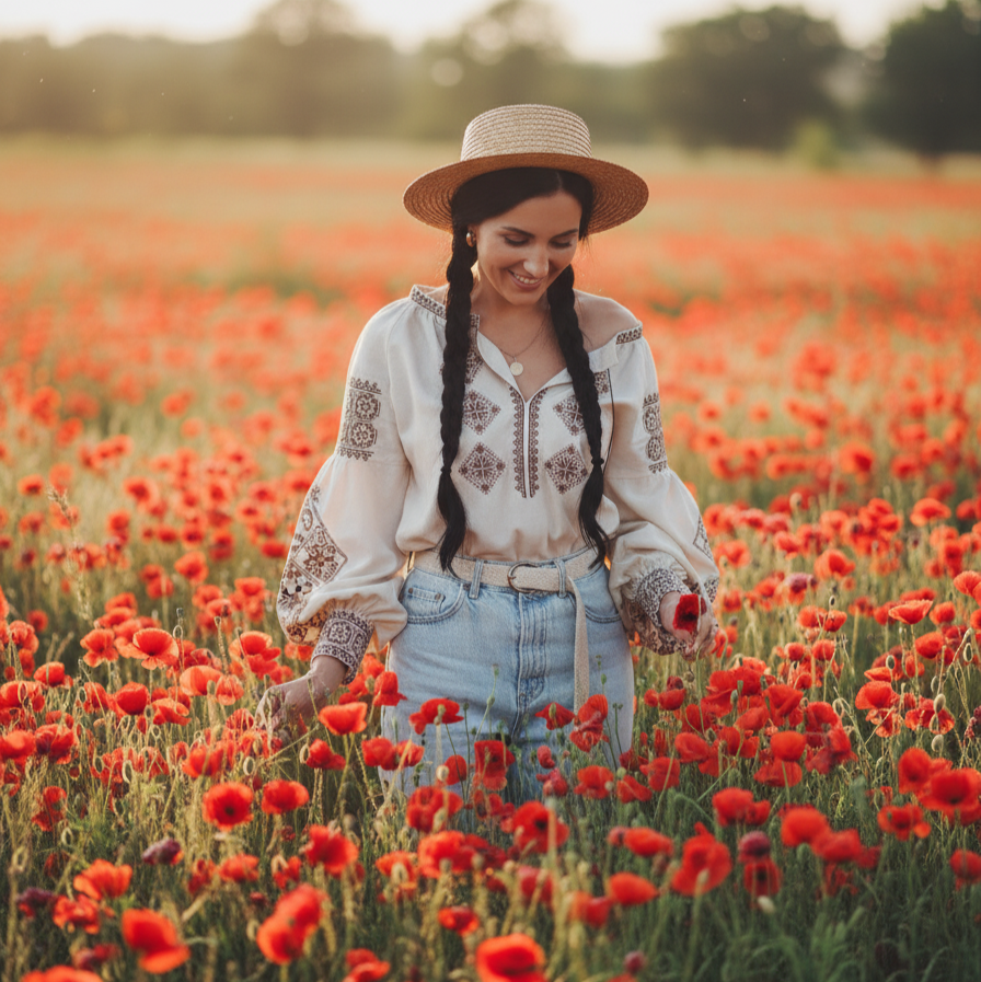 women’s beige linen vyshyvanka blouse with brown embroidery
