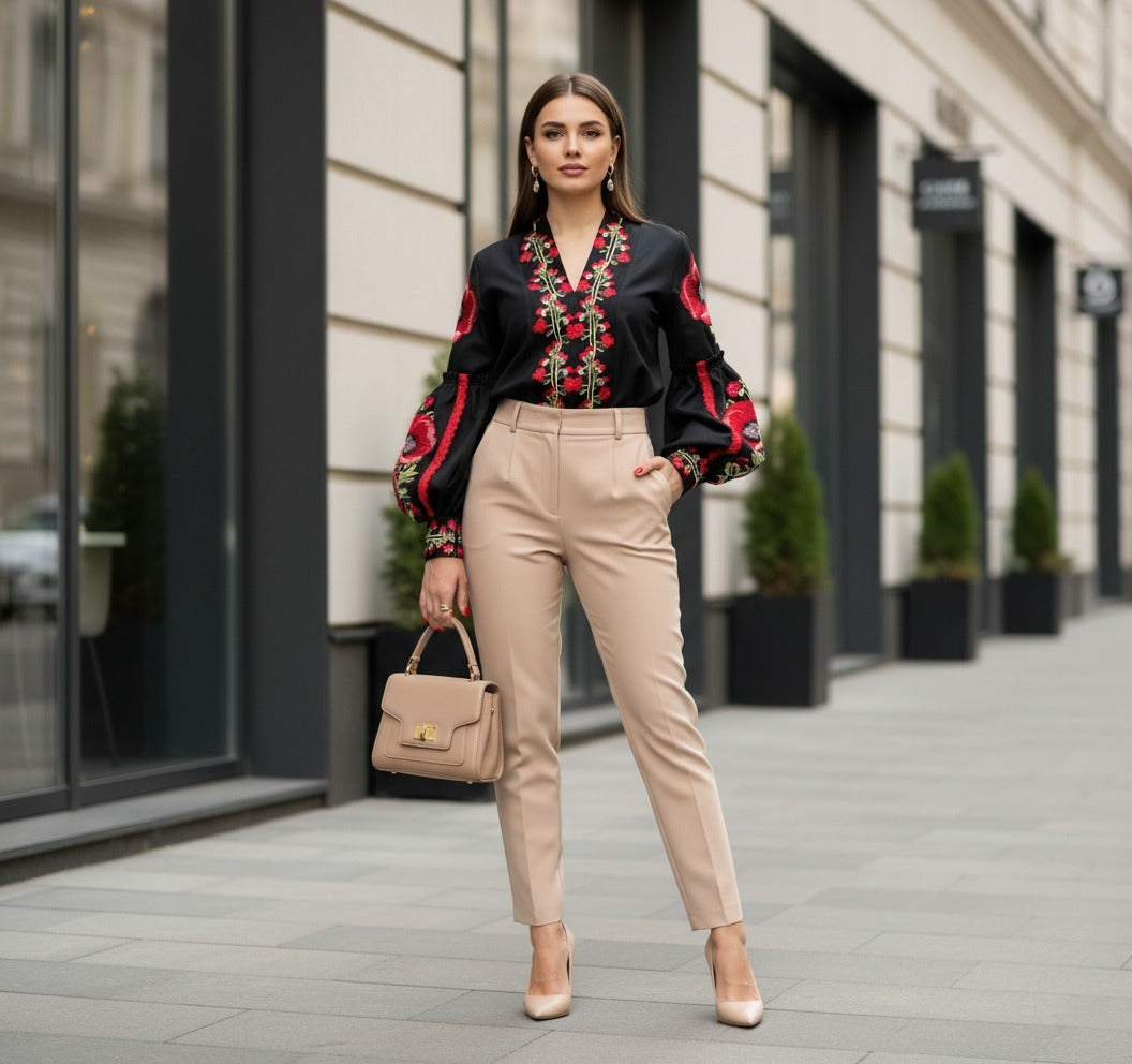 black ukrainian embroidered blouse with red poppies