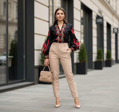 Black Ukrainian Embroidered Blouse with Red Poppies