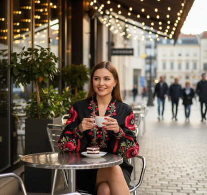 Black Ukrainian Embroidered Blouse with Red Poppies