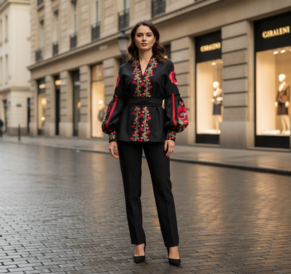 Black Ukrainian Embroidered Blouse with Red Poppies