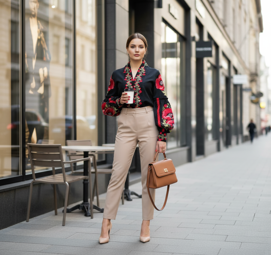 black ukrainian embroidered blouse with red poppies