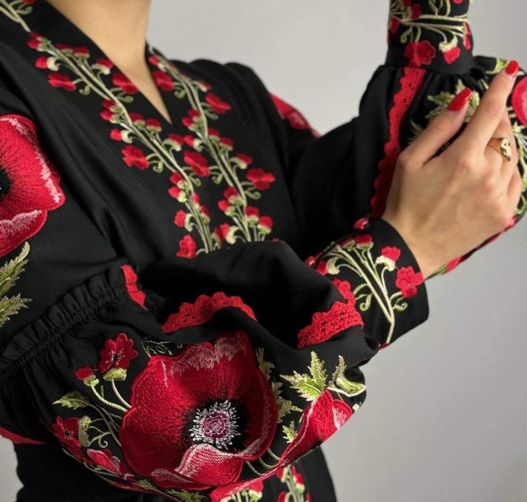 black ukrainian embroidered blouse with red poppies