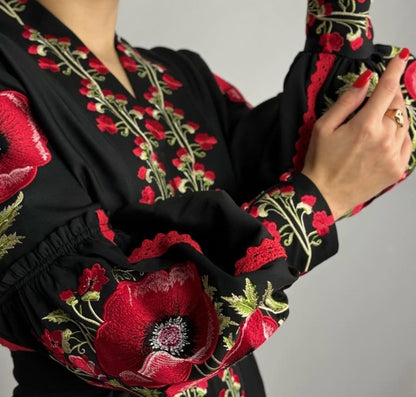 Black Ukrainian Embroidered Blouse with Red Poppies
