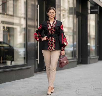 Black Ukrainian Embroidered Blouse with Red Poppies