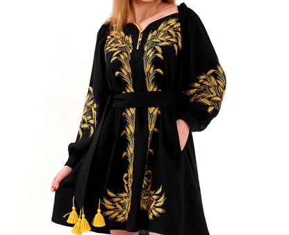 Linen dress with embroidered wheat ears