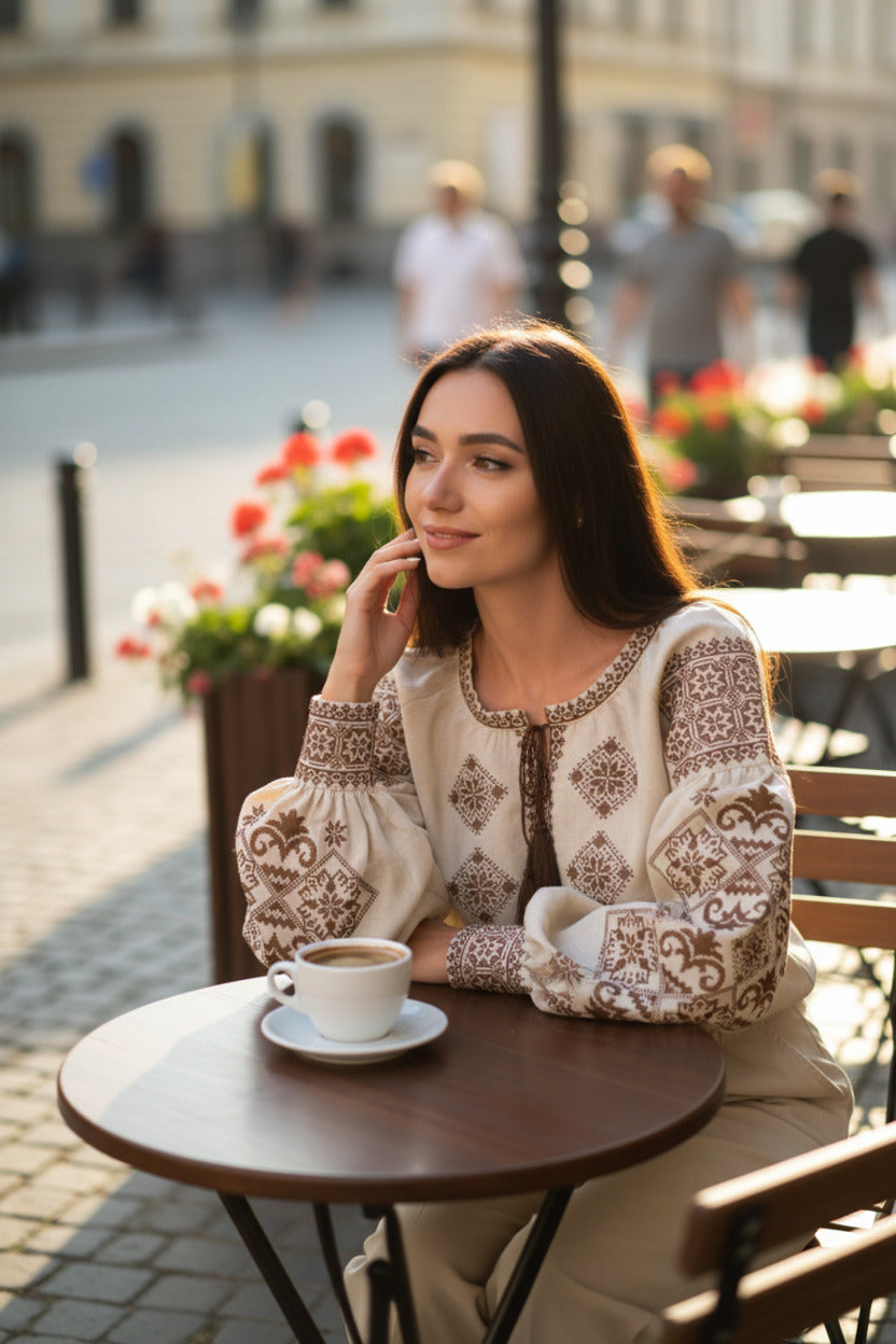 women’s beige linen vyshyvanka blouse with brown embroidery