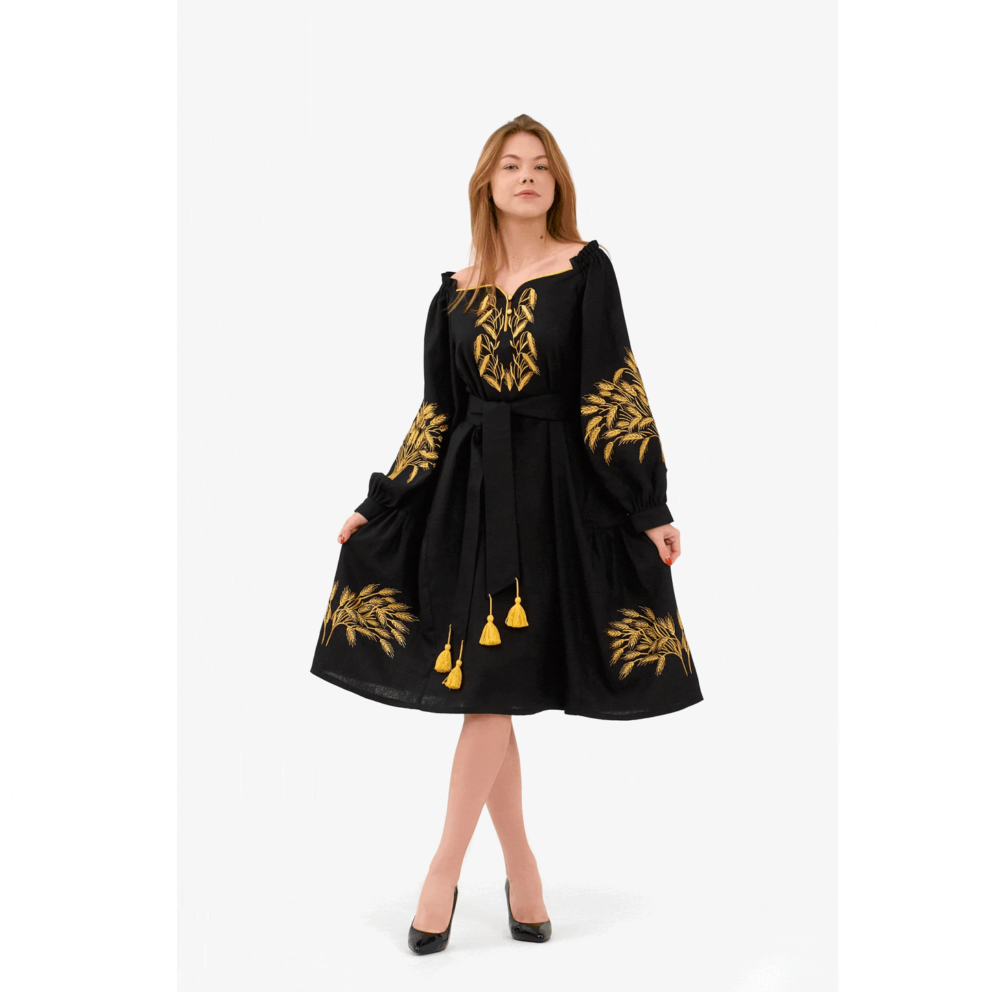 linen dress with embroidered wheat ears