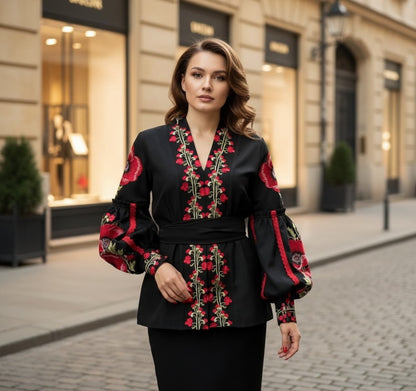 Black Ukrainian Embroidered Blouse with Red Poppies